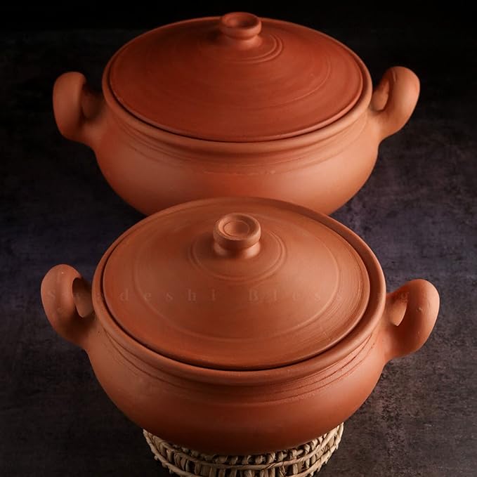 Swadeshi Blessings Exclusive Range Unglazed Clay Handi/Earthen Kadai/Clay Pot for Cooking & Serving with Lid (with Mirror Finish) + Free ASH for Cleaning (Combo of 2&3 litres)