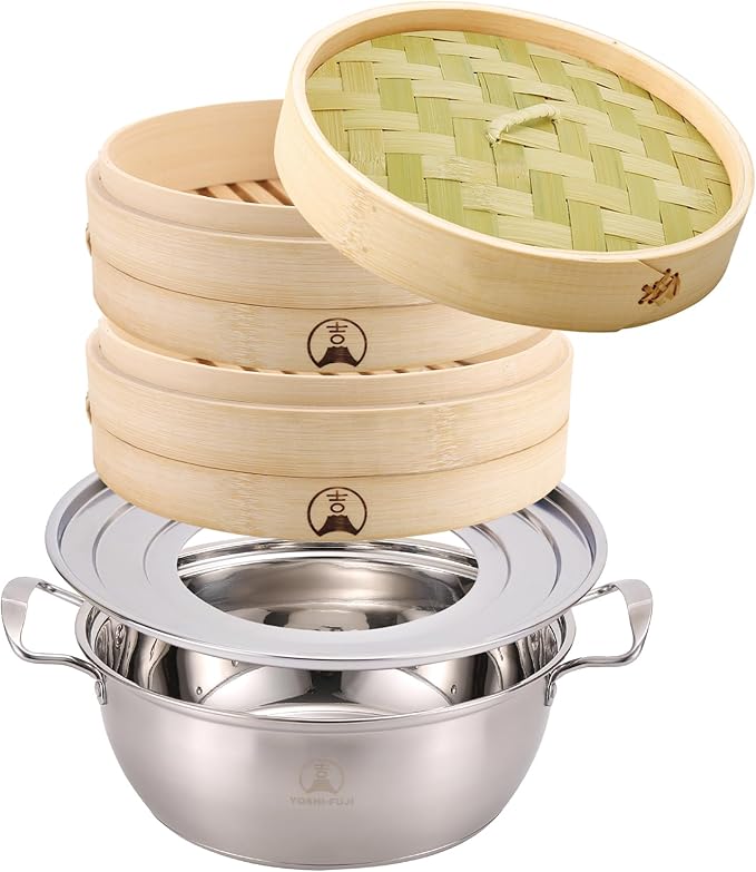 Yoshi-Fuji Kogei Bamboo Steamer 2-Tier with Steaming Pot Set
