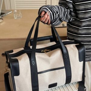 Simple Large Capacity Travel Luggage Bag, Fashionable Colorblock Handbag Boston Shoulder Bag, Versatile For Casual Use, Can Be Carried As Shoulder Or Crossbody Bag, Black & Brown With Beige