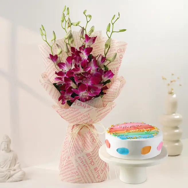 Pineapple Eggless Cake N Purple Orchid Bouquet